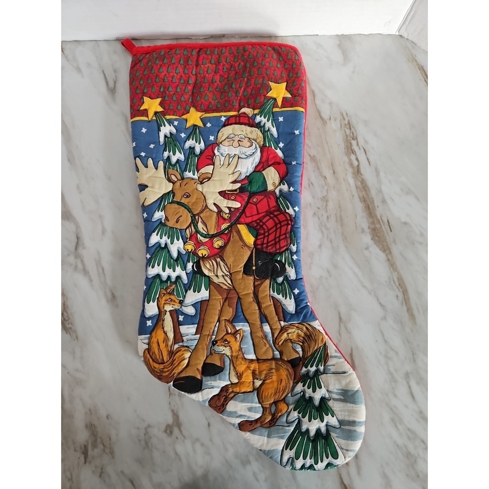 Vtg Inspired Quilted Christmas Tree Stocking Santa Reindeer Fox Red 90s Style